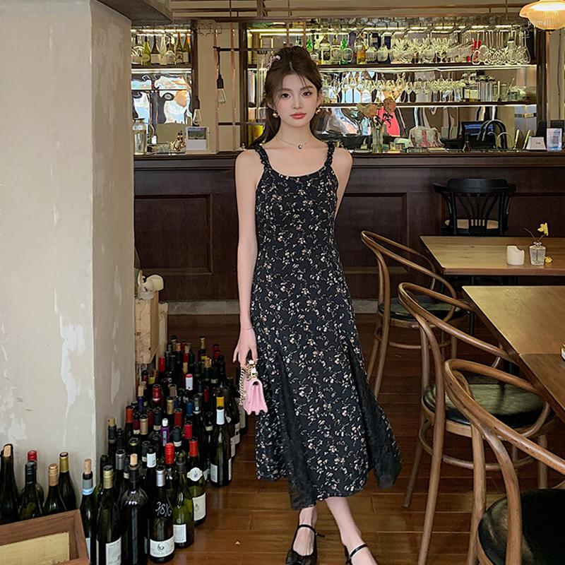 

Casual Dresses Summer Slip Dress Black Backless Vintage Rose Red Floral 2023 Korean Elegant High Waist Slim Long Skirt Party Outfits, Short