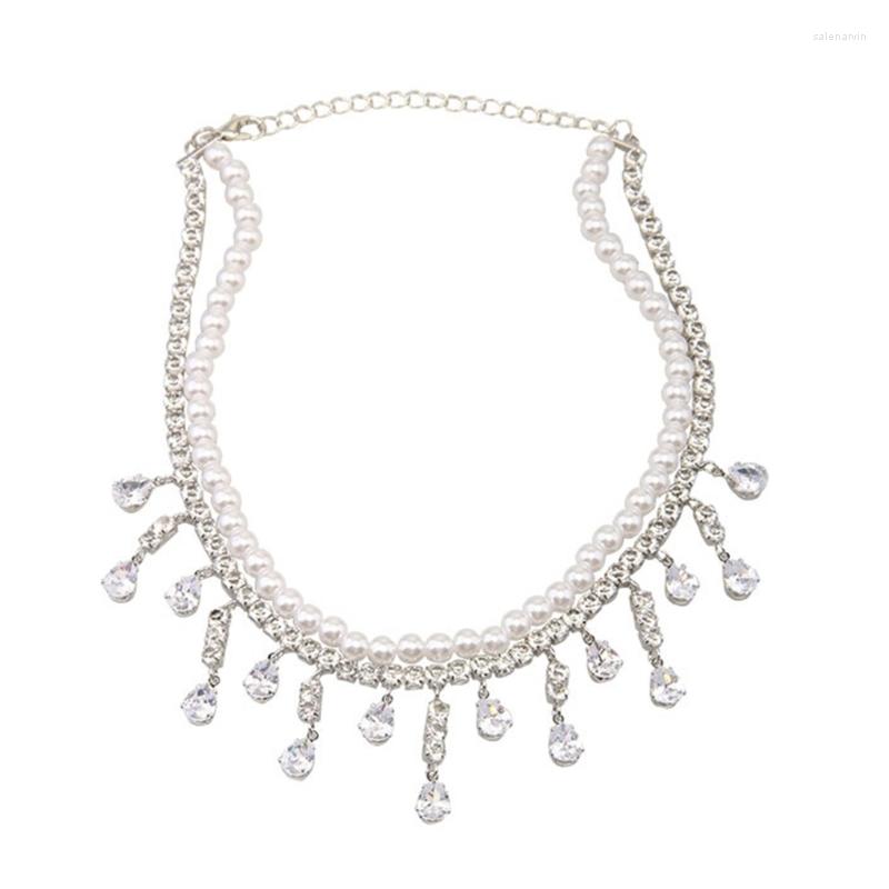 

Chains F19D Rhinestones Imitation Pearls Water Drop Necklace Fashion Double-layer Neck Chain Design Sense Choker Pendant Female