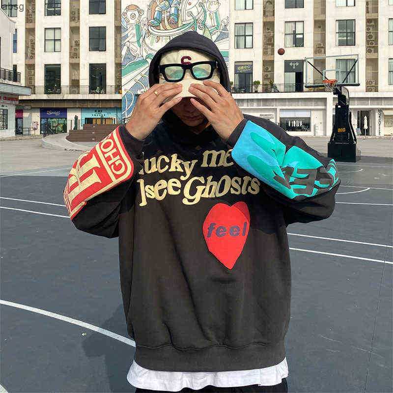 

Lucky Me i See Ghosts Graffiti Letter Print Plus Velvet Men's Hoodie Street Hip Hop Stranger Things Sudaderas Hombre G1229, Brown