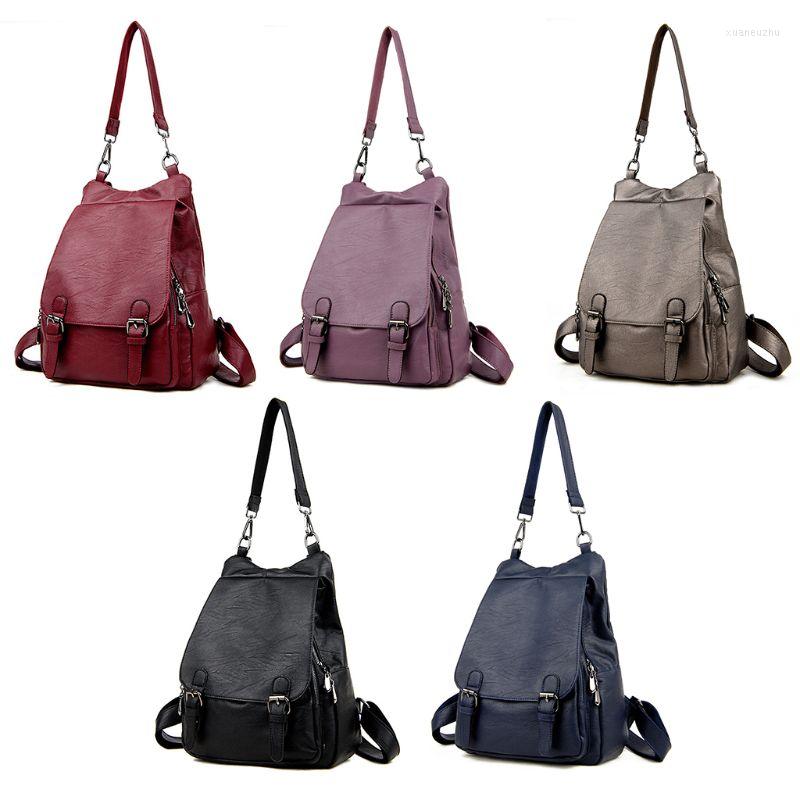 

School Bags Women Backpack Purse PU Washed Leather Large Capacity Security Ladies Rucksack S K3KF, Wine red
