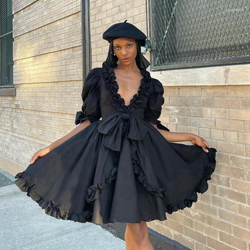 

Party Dresses High Street Black Satin Mini Summer Dress Sexy Deep V-neck Half Sleeves Ruffles Bow Girls Brithday Gowns Custom Made, Lavender