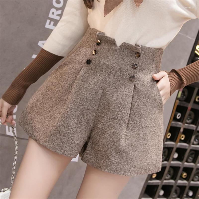 

Women' Shorts Gowyimmes High Waist Woolen Big Size Women Wide Leg Vintage Slim Girl Double Breasted Outwear PD1150, Black