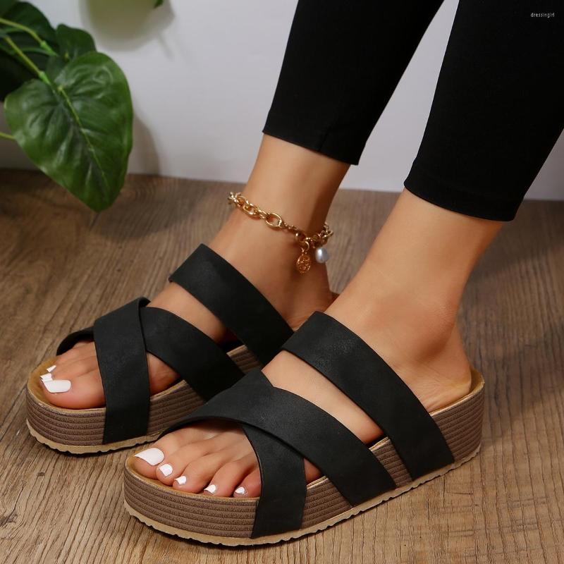 

Sandals Summer Women Sexy Open Toe Broad Band Crossover Slip-On Thick Platform Shoes Casual Flat Slippers Big Size 43, Beige