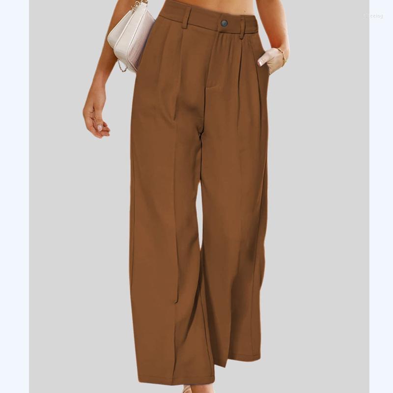 

Women' Pants Fashion Casual Loose Wide Leg Suit Women Summer Pockets Solid High Waist Trousers Office-lady Baggy Pantalon 25044, Dark brown