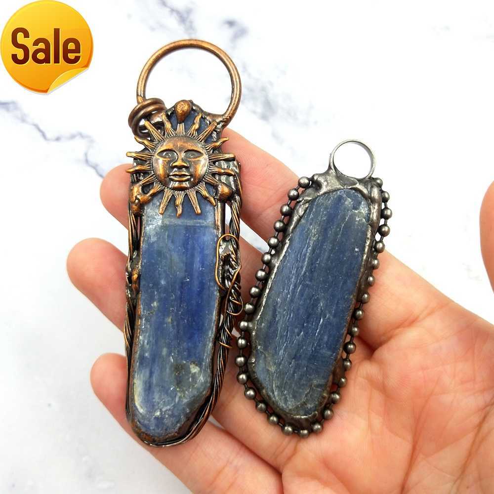 

Wholesale Natural raw blue kyanite stone pendant antique bronze soldered gemstone charm crystals chips jewelry for men women