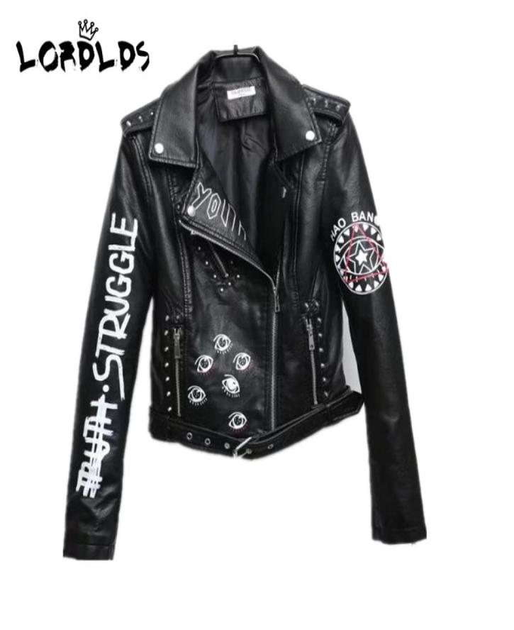 

LORDXX Black Graffiti Leather Jacket Women 2020 New Spring Punk Moto Coat Cropped Faux Jackets with belt9454739
