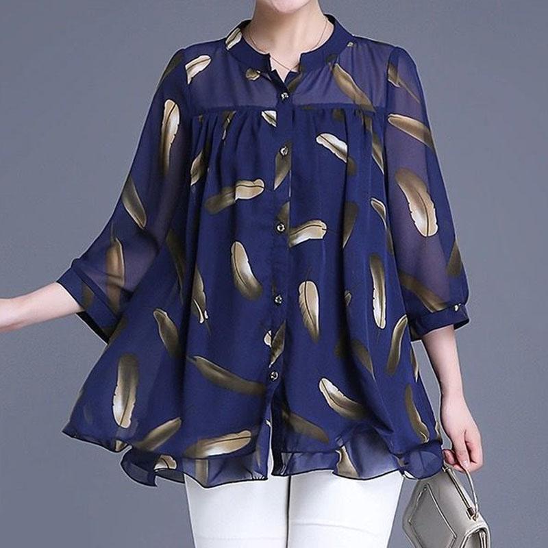 

Shirts Women's 3/4 Sleeve Casual Printed Chiffon Blouse Summer Fashion New Singlebreasted Thin Loose Pullovers Shirt Female Clothing, Blue