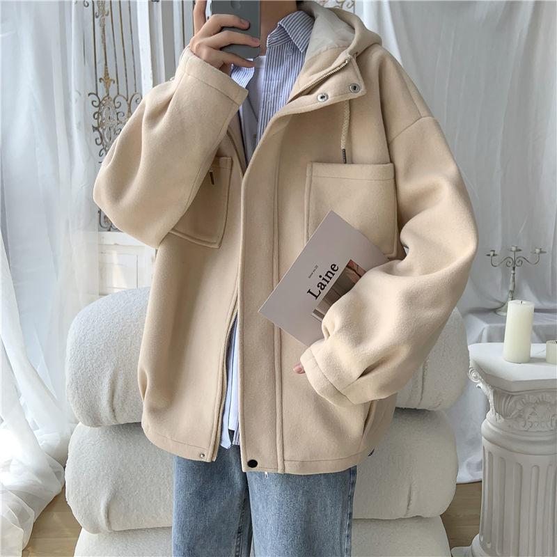 

Men's Jackets Wildyak Autumn Winter Hooded Mens Woolen Solid Color Male Harajuku Coats Vintage Streetwear Zippers Outerwear, Beige