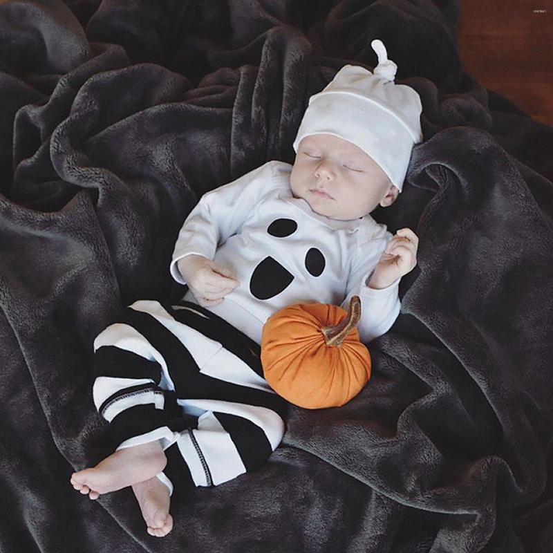 

Clothing Sets Fashion Born Infant Baby Girls Boys Long Sleeve Halloween Ghost Printed Romper Tops Striped Pants Three Piece Outfits Set#p4, White