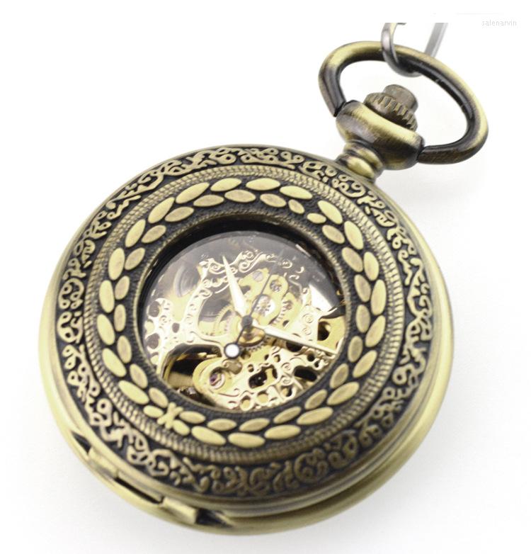 

Pocket Watches 5pcs/lot Antique Steampunk Skeleton Mechanical Watch Men Necklace Fob Chain Male Clock, Bronze