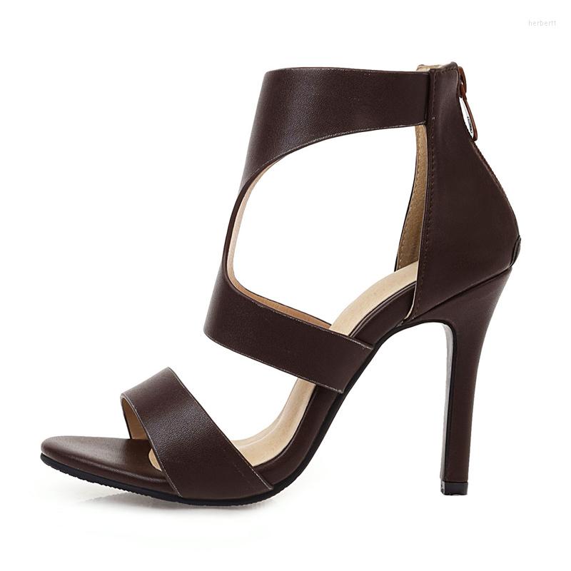 

Sandals Summer Stilettos Heels Hollow Out Back Zipper Fashion Brown Retro Office Lady Women's Shoes Big Size 43 44 45 2023, White