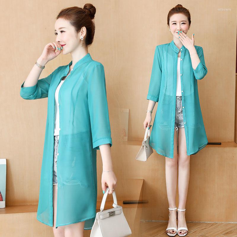 

Women' Blouses Women 2023 Summer Chiffon Blouse Shirt Female Cardigan Sun Protection Clothing Ladies Long Beach Fashion Top Feminino S19, Black