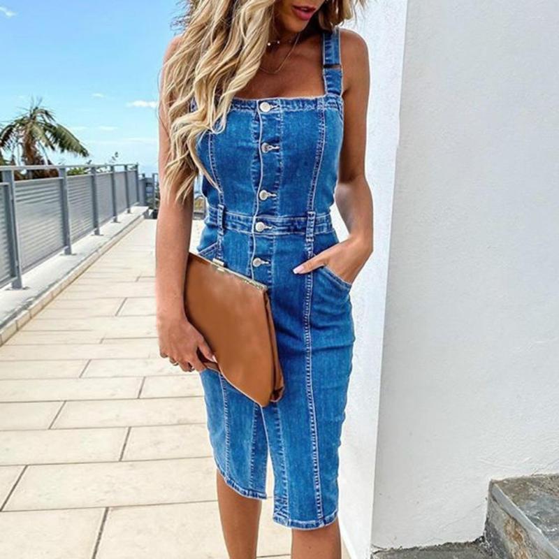 

Casual Dresses Vintage Denim Dress Women Summer Single Breasted Adjustable Strap Suspender Backless Split Midi Skirt Vestidos, Dark blue