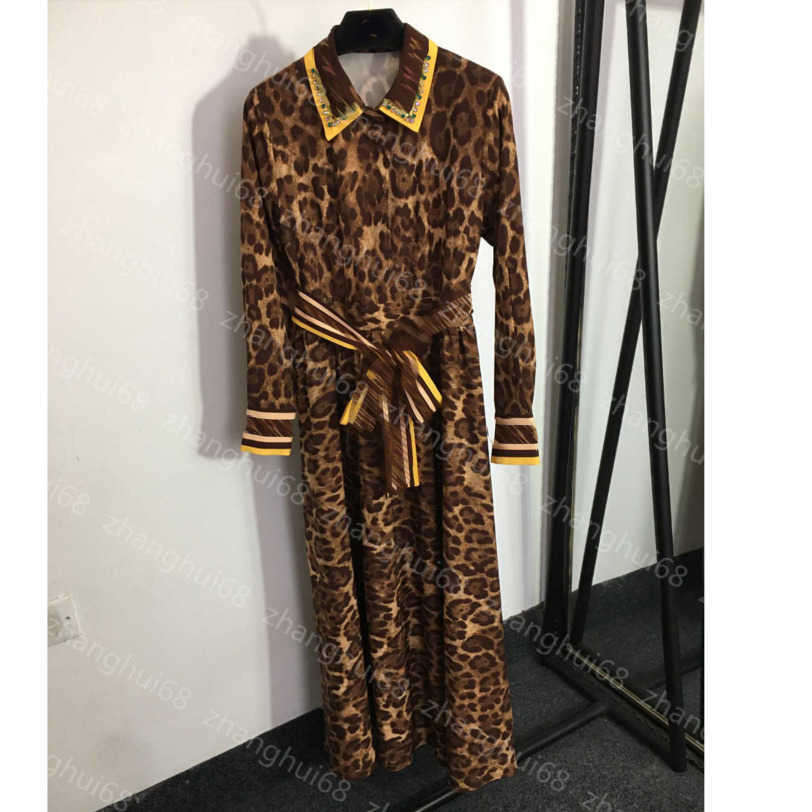 

23ss summer Dress womens designer clothing women dresses Leopard print lace-up waist pinched beaded lapel long-sleeved dress High quality womens clothing a1