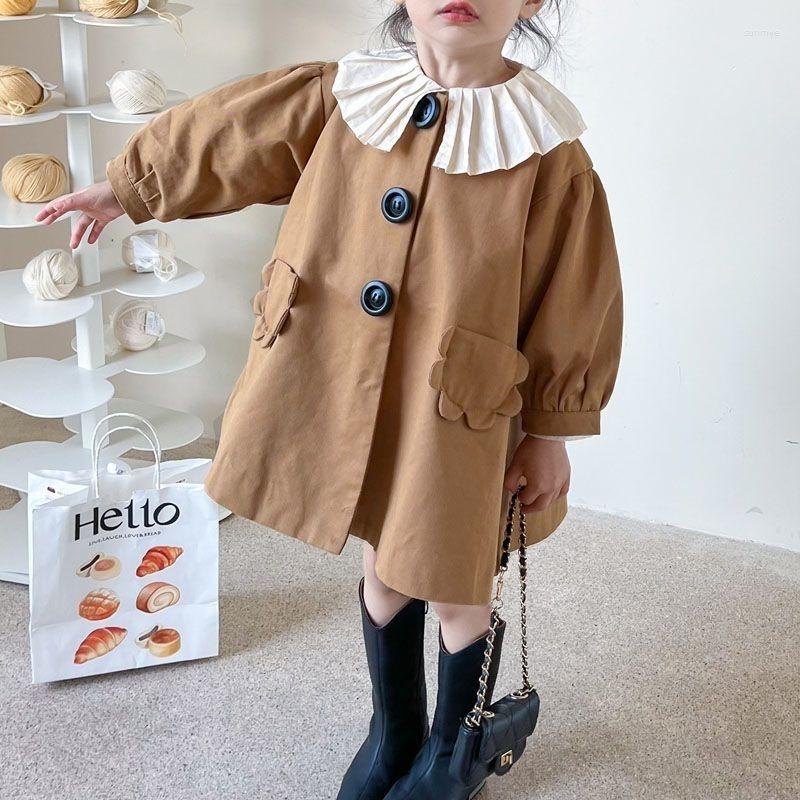 

Coat Sleeve Autumn Girls Korean For Jackets Trench Kids Floral Loose Top Long Jacket, Beige