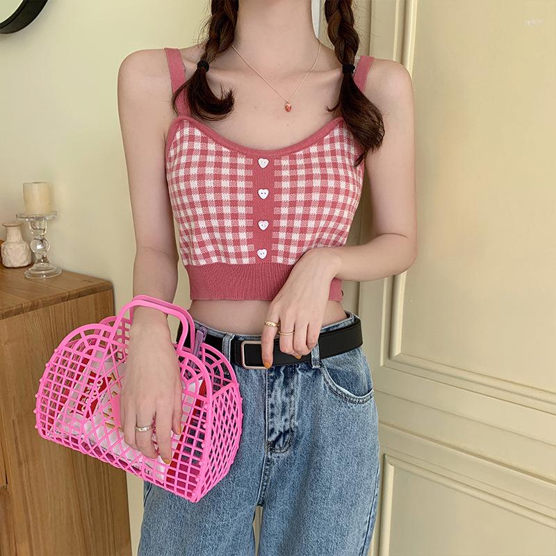 

Women's Tanks Retro Plaid Strap Tank Top For Women Inner Wear Summer Short Open Umbilical Versatile, Burgundy