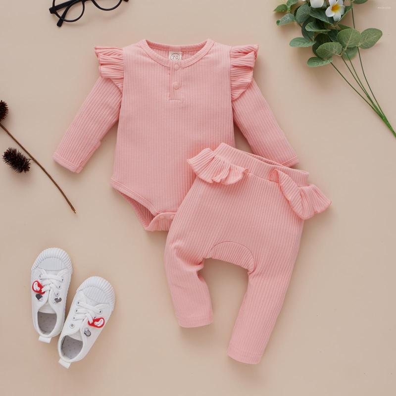 

Clothing Sets 2Pcs Baby Girls Clothes Autumn Outfit Solid Color Long Sleeve Round Collar Knitted Romper Ruffle Splicing Pants Set, Green