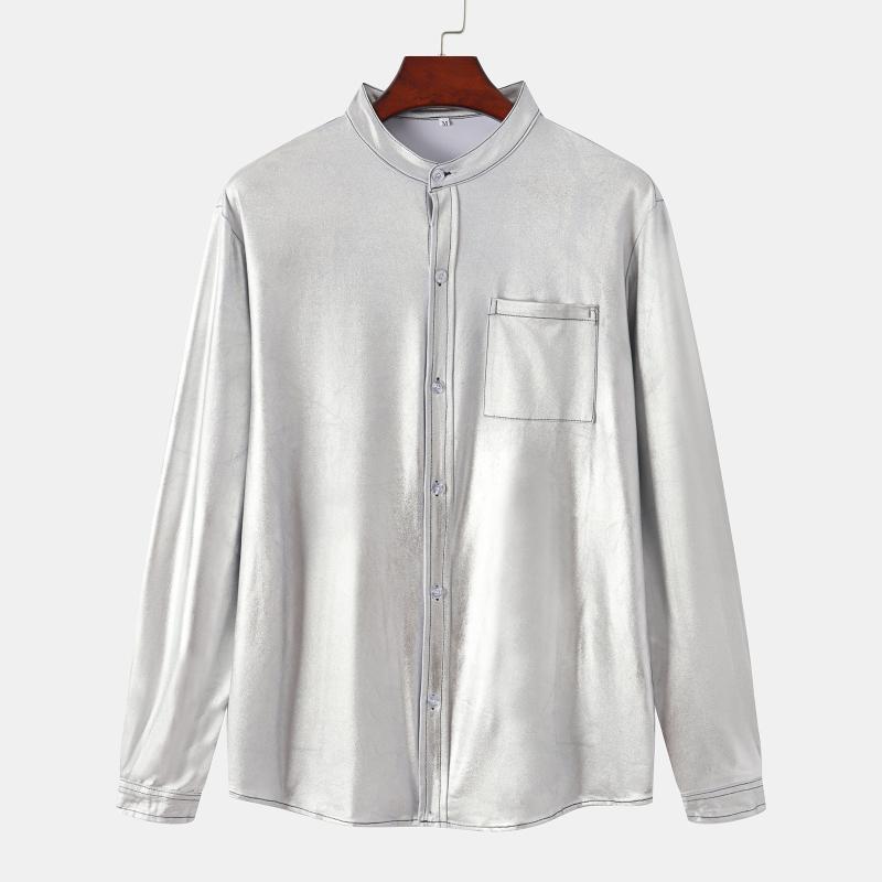 

Men' Casual Shirts Fashion Bright Surface For Men Autumn Winter Long Sleeve Button Pocket Stand Collar Shirt Tops Chemise Homme, White