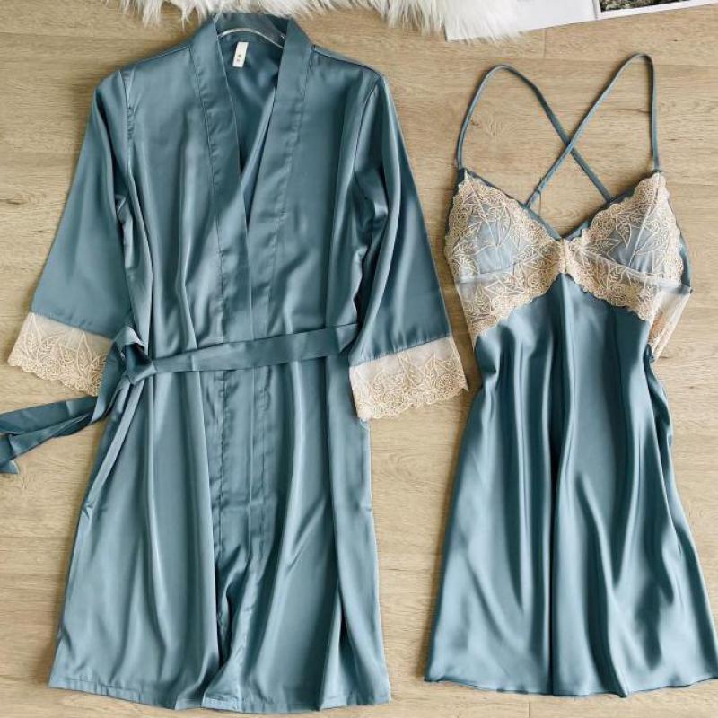 

Women's Sleepwear Satin Nighty&Robe Set Women Summer 2PCS Sleewpear Casual Kimono Gown Silky Robe Suit Sexy V-neck Sleep Lace Trim Loungewea, White