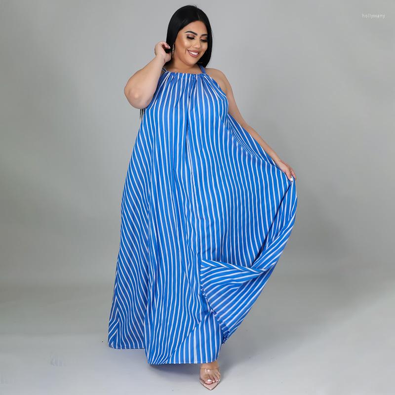 

Plus Size Dresses KEXU Stripe Print Women Maxi Dress Sleeveless Hater Long Loose Casual Beach Fashion Bohemian Street Wear, White