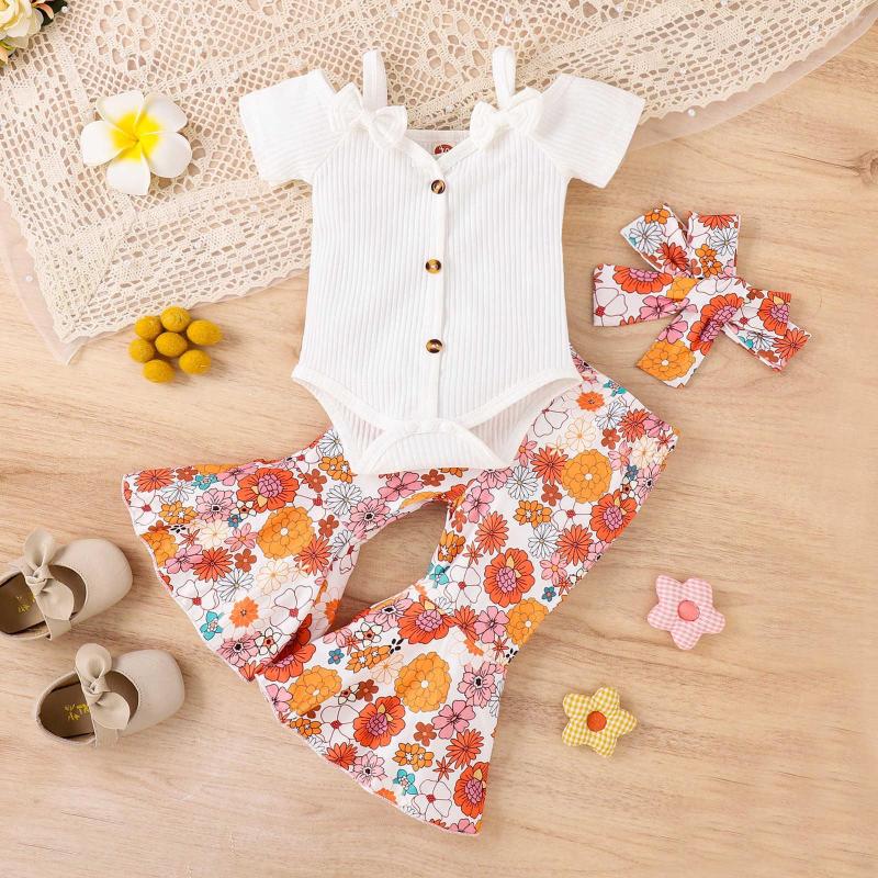 

Clothing Sets Summer Toddler Girls Short Sleeve Ribbed Bowknot Romper Bodysuit Floral Prints Bell Clothes For Two Year Old Girl Baby, White