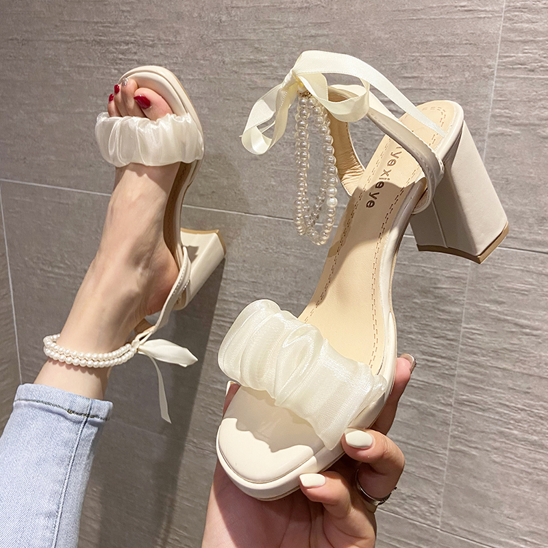 

Sandals Fairy Style Fashion Square Toe Lace String Bead Party Wedding High Heels Elegant Pearl Sandal Summer Mid Heel Woman Shoe 230512, Beige