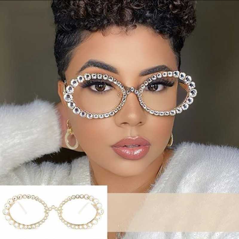 

Sunglasses Women Rhinestone Transparent Glasses 90s Retro Round Clear Len Men Glimmering Metal Oval Crystal EyewearSunglassesSunglasses