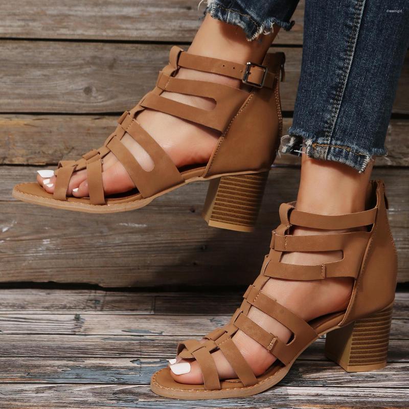 

Sandals Women's Summer Solid Color Buckle Strap Casual Open Toe Square Heels Heeled Soft Bottom Breathable Shoes, Brown