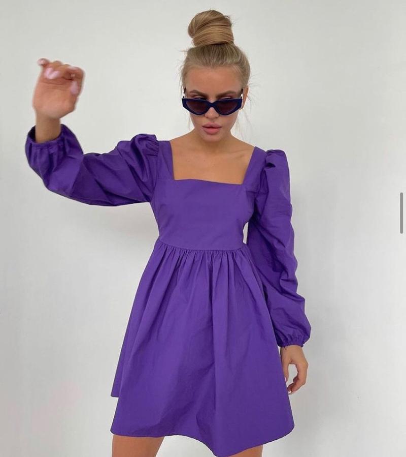 

Casual Dresses Women Vintage Back Bandage A-line Party Dress Puff Sleeve Suqare Collar Solid Purple Mini 2023 Autumn Fashion, White