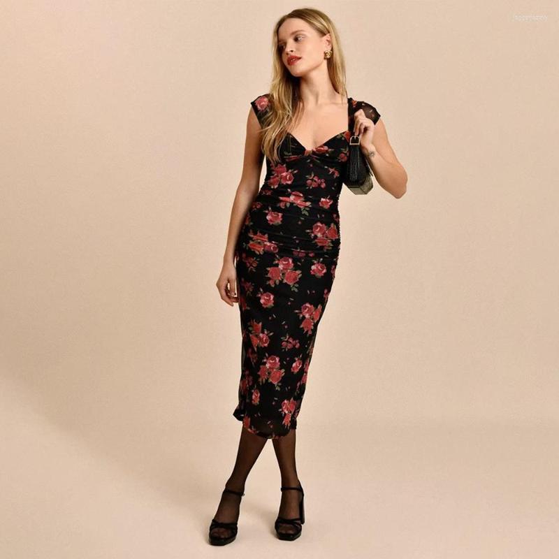 

Casual Dresses Vintage Rose Flower Print Sling Dress V-neck Short Sleeve Women Sexy Slim Hip 2023, As shown