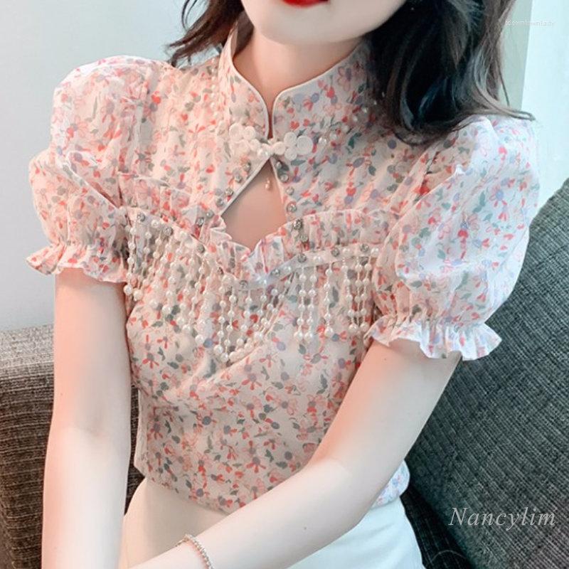 

Women' Blouses Floral Chiffon Shirt Women' Short Sleeve Hollow 2023 Summer Design Chic Top Pearl Tassel Blusas Femme, Picture color top