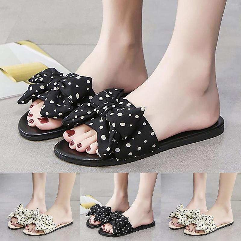 

Sandals Summer Women's Flat Fashion Casual Polka Dot Bow Roman Winter Slippers For Women Indoor With Soles, Black