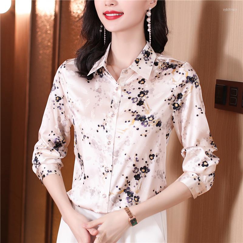 

Women' Blouses Elegant Flower Top Women Satin Silk Shirt Spring Summer Long Sleeve Office Ladies Work Shirts 2023 Female Clothing, Beige