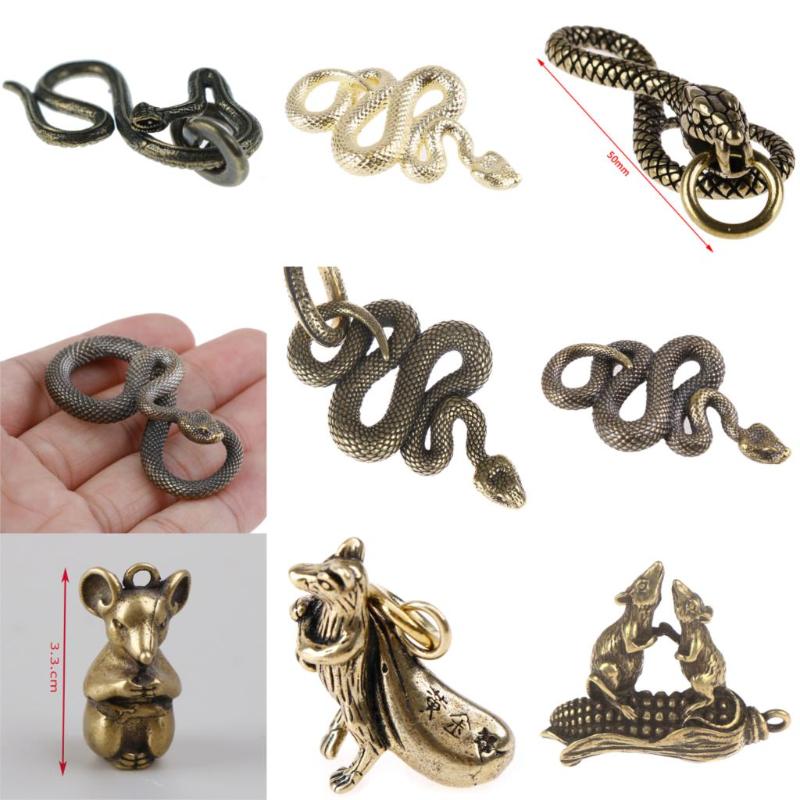 

Keychains Brass Metal Snake Rat Mouse Shape Keychain Cute Pendant Bag Count Money Zodiac Hanging Antique Bronze Key Gift