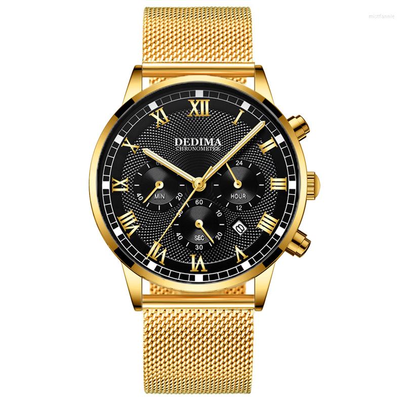

Wristwatches High-end Fashion Roman Numeral Men's Stainless Steel Mesh Strap Watch Three-eye Six-pin Multi-function Sports Luminous, No.03