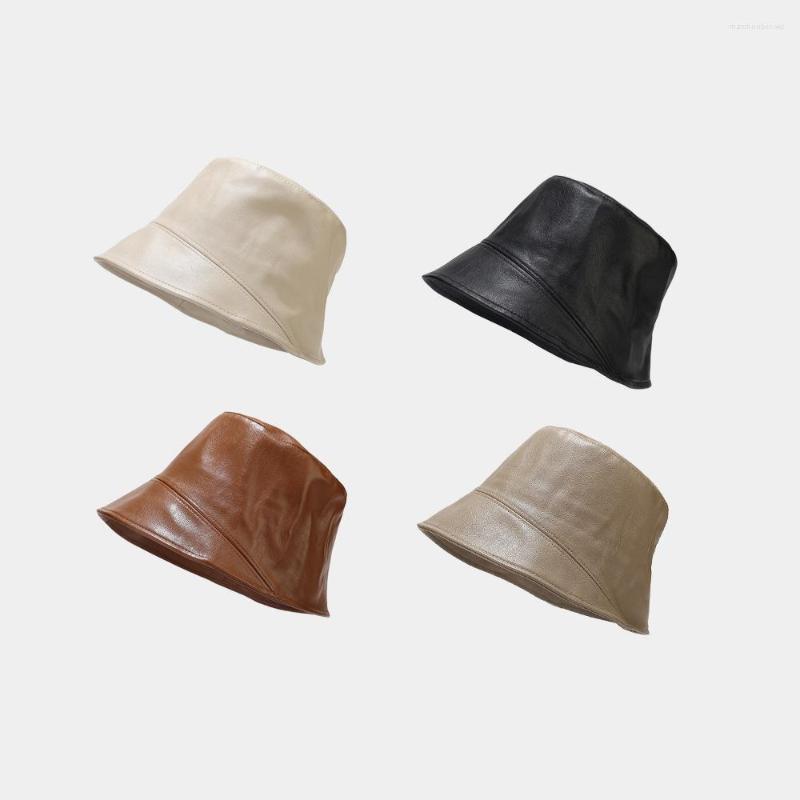 

Berets CNTANG 2023 Faux PU Leather Bucket Hat Fashion Spring Summer Fishing Cap Soild Color Hip-Hop Street Hats For Women Designer Caps, Black