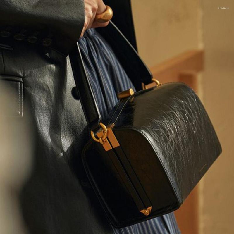 

Evening Bags Niche Box Bag For Women Fashion Shoulder Clip Black Small Student Genuine Leather Office Stereoscopic Worker Hard Trendy, Black black