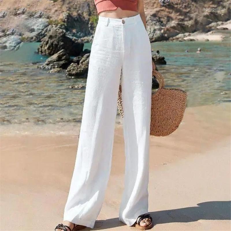 

Women's Pants Cotton Linen Solid Color Wild Straight Wide Leg Female Summer Korean Fashion High Waist Casual Long Pant Elastic, White