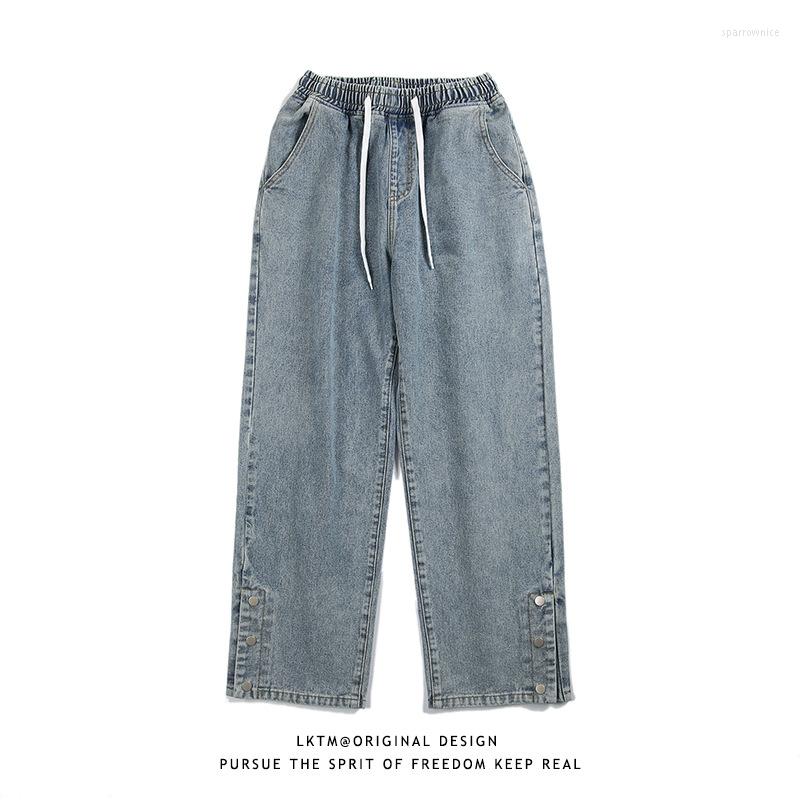 

Men' Jeans DUIYT Retro Loose Split Breasted Straight Pants Spring/Summer Casual Elastic Belt Tie, Light blue