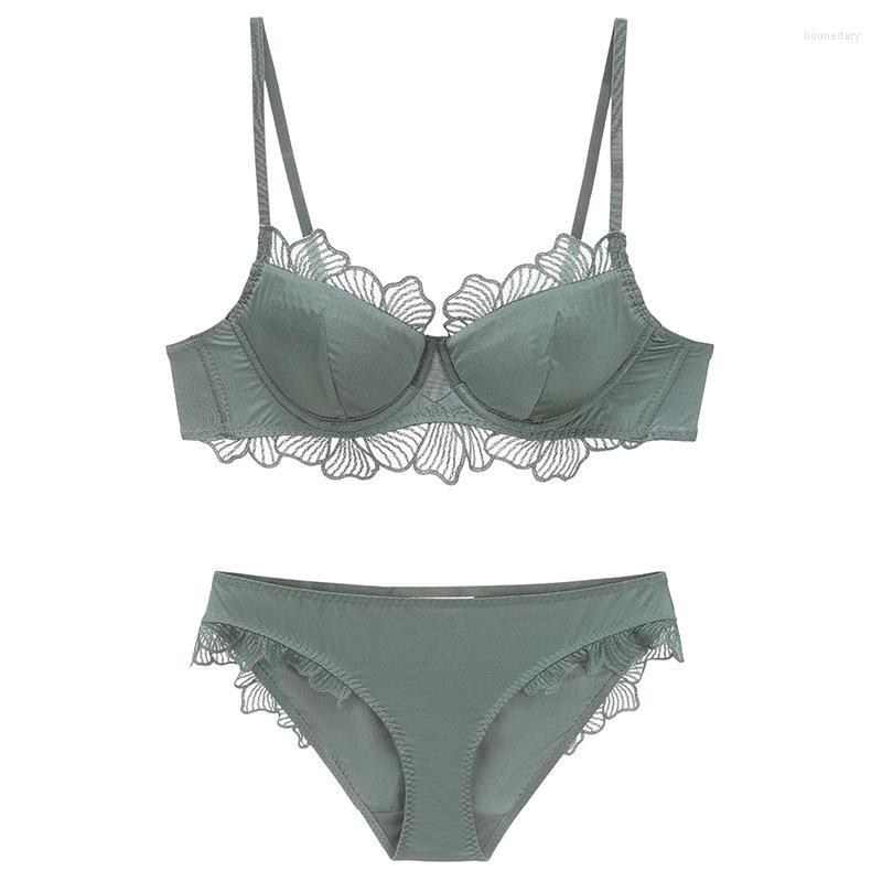 

Bras Sets BCD Lace Embroidery Frillery Bra Set French Comfortable Lightweight Underwear Ladies Push Up Thin Cotton Brassiere Panties, Green