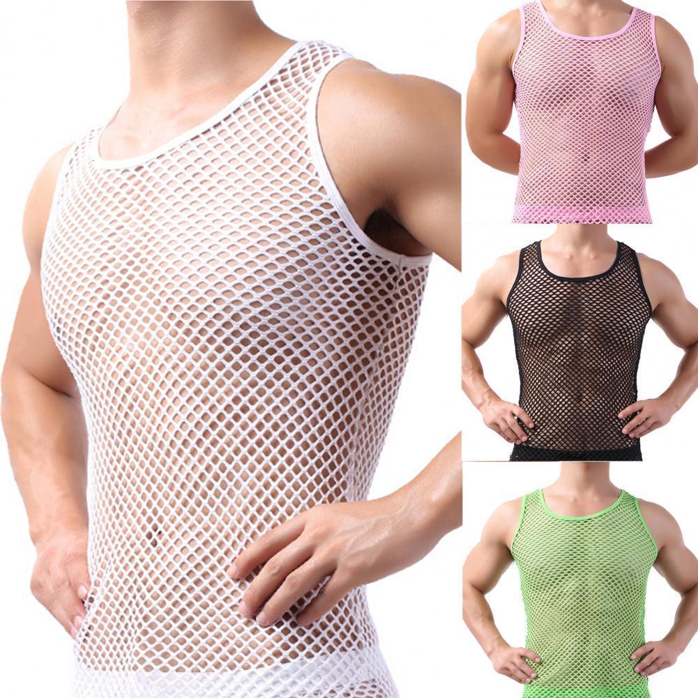 

Men's Tank Tops Fishnet Men Sexy Mesh Transparent Sleep Male Underwear Pure Color Vest Sleeveless Undershirt 230512, Pink