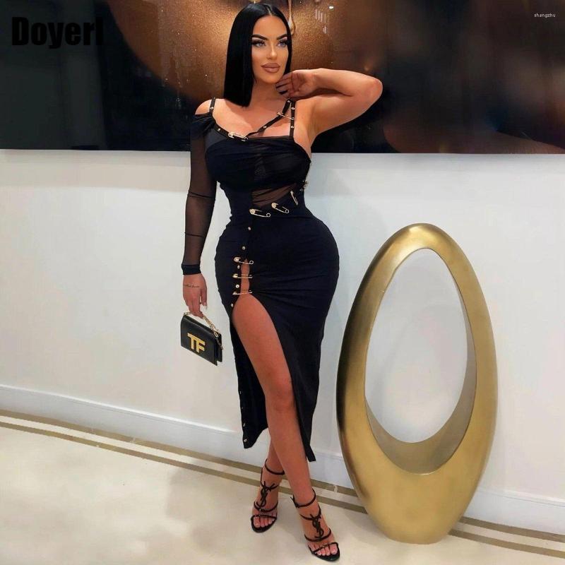 

Casual Dresses Wishyear 2023 Sexy Sheer Mesh Long Sleeve High Slit Pin Midi Bandage Bodycon Dress Women Party Black Evening Night Club