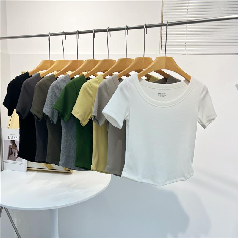 

Women's T Shirts 2023 Spring And Summer Short-sleeved Round Neck Thread Short T-shirt Female Slim High Waist Big U-neck Solid Color, Black