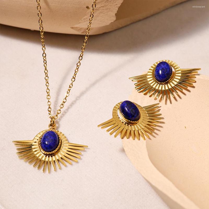 

Pendant Necklaces WILD & FREE Stainless Steel Geometric Natural Lapis Lazuli Necklace For Women Vintage Luxury Gold Plated Jewelry Set