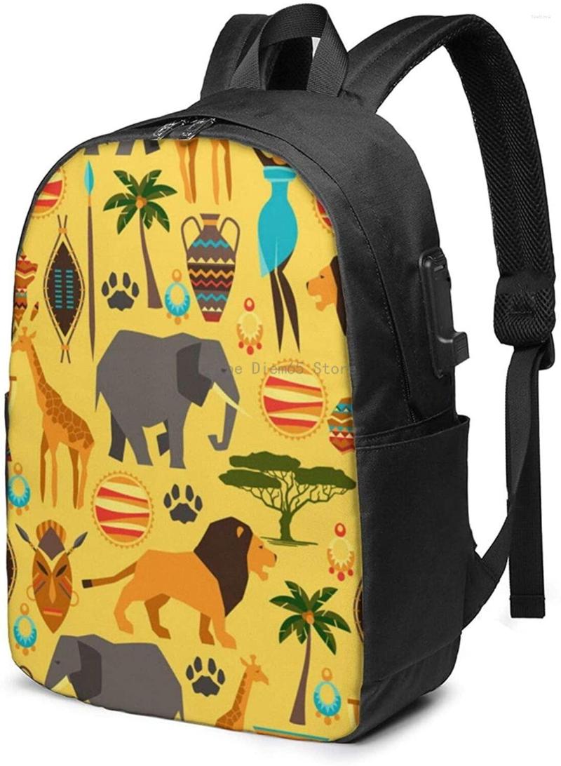 

Backpack African Culture Pattern Business Laptop School Bookbag Travel With USB Charging Port & Headphone Fit 17 In, Beige