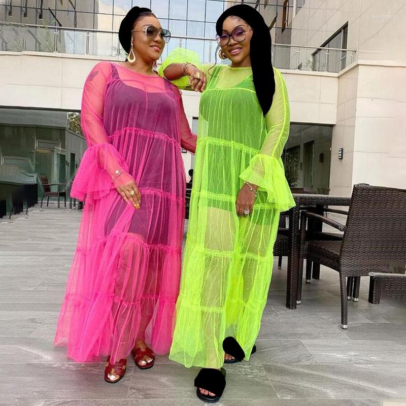 

Plus Size Dresses KEXU Mesh Sheer Maxi Dress Sexy Women Ruffles Loose Long Elegant Cover Up Beach Summer Vestido Feminino, Red