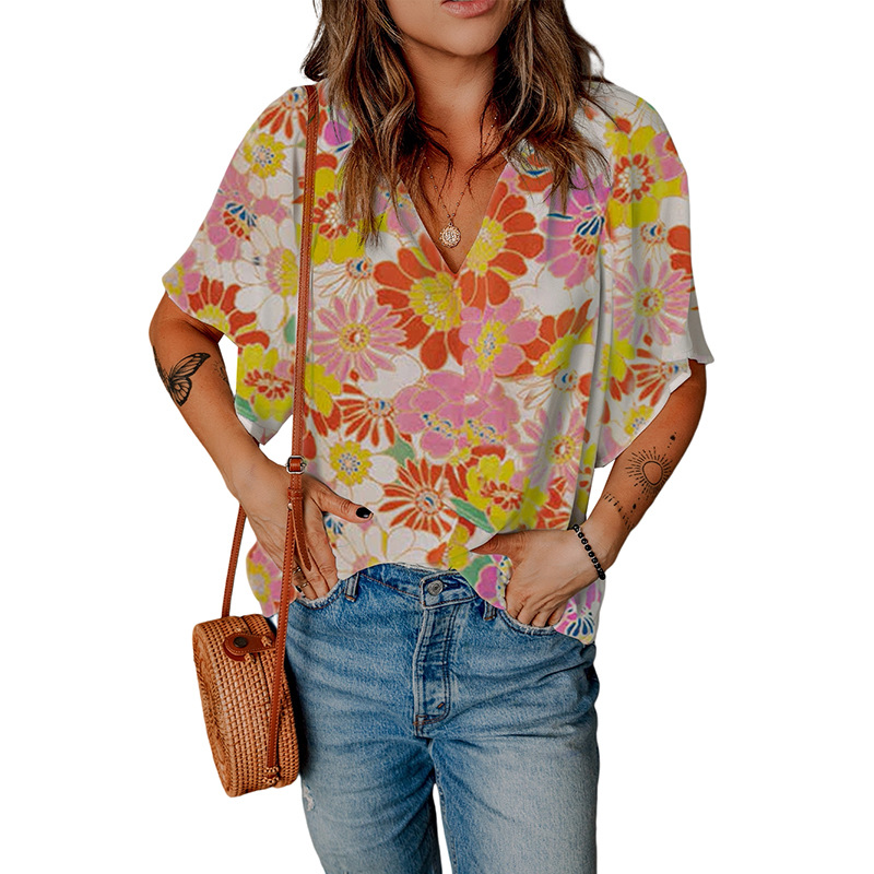 

Women' Blouses & Shirts Summer abstract printed casual pullover half sleeve thin chiffon, 01