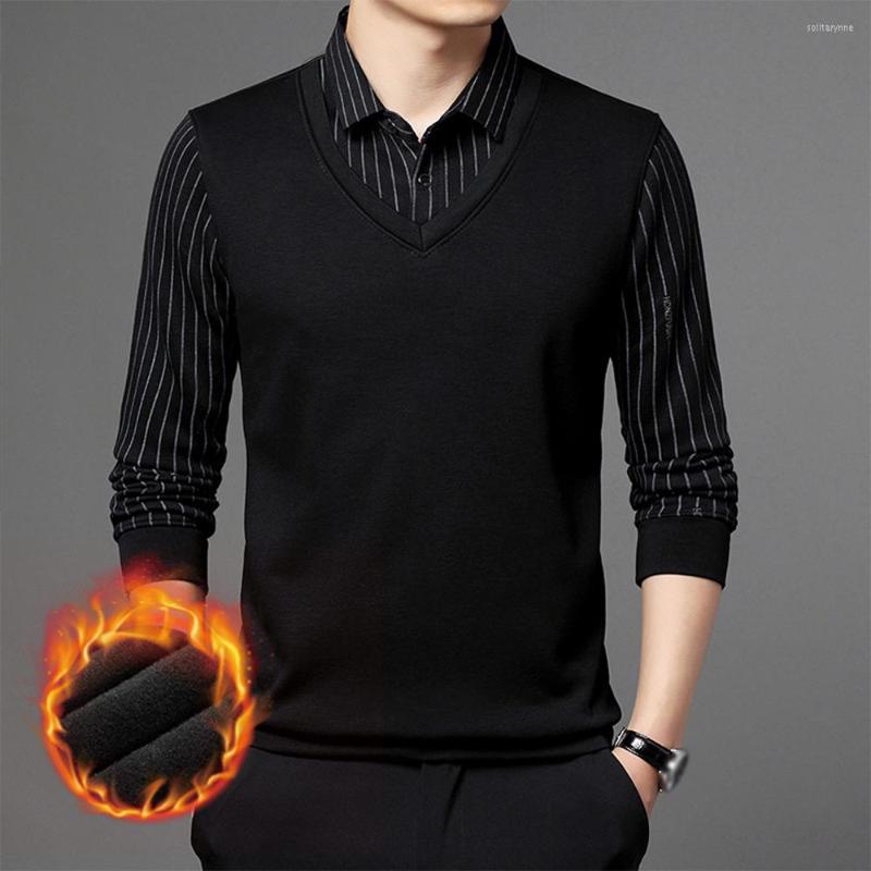

Men's Dress Shirts Mens Business Fake Two-piece Shirt Sweater Winter Warm Fleece Thickened Pullover Stripe Design Suit -3XL Fashion, Black