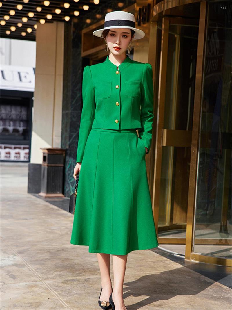 

Two Piece Dress Green Women Dresses Set 2023 In Female Casual Long Sleeve Jacket With Skirt Elegant Office Lady Formal Suit, Red skirt suit