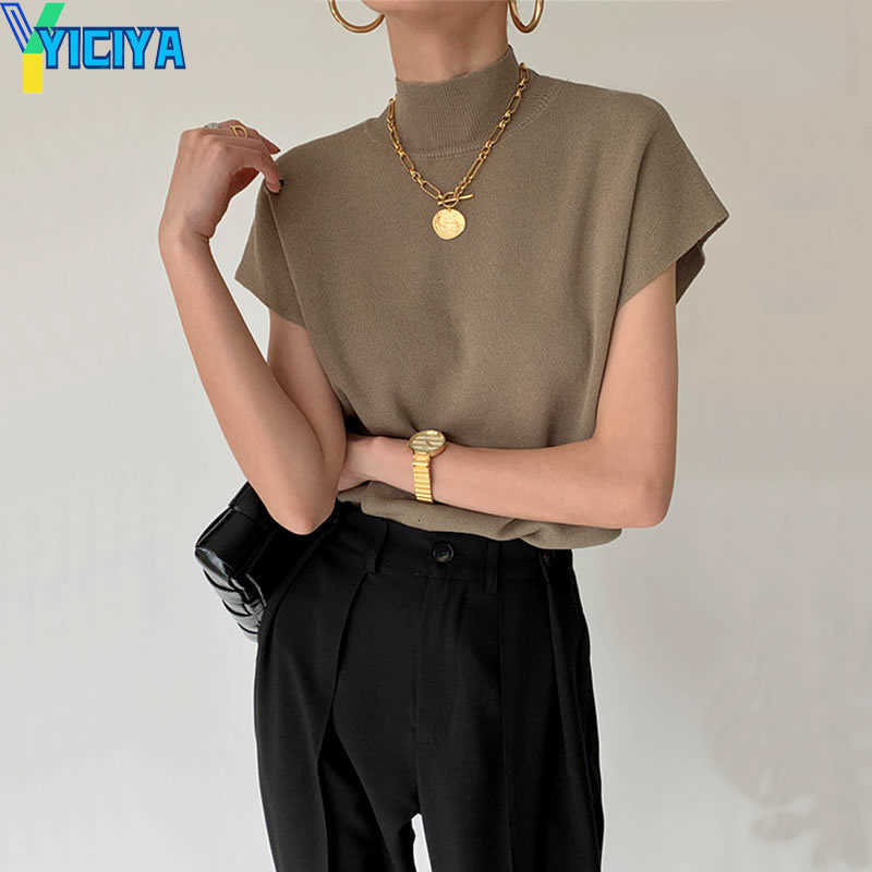 

YICIYA Women's TShirt Solid Knitted Vest Short Sleeve Office Lady All Match Fashion Standup Colla Shirt Loose Elegant Good Quality Straight Tops, Mustard yellow